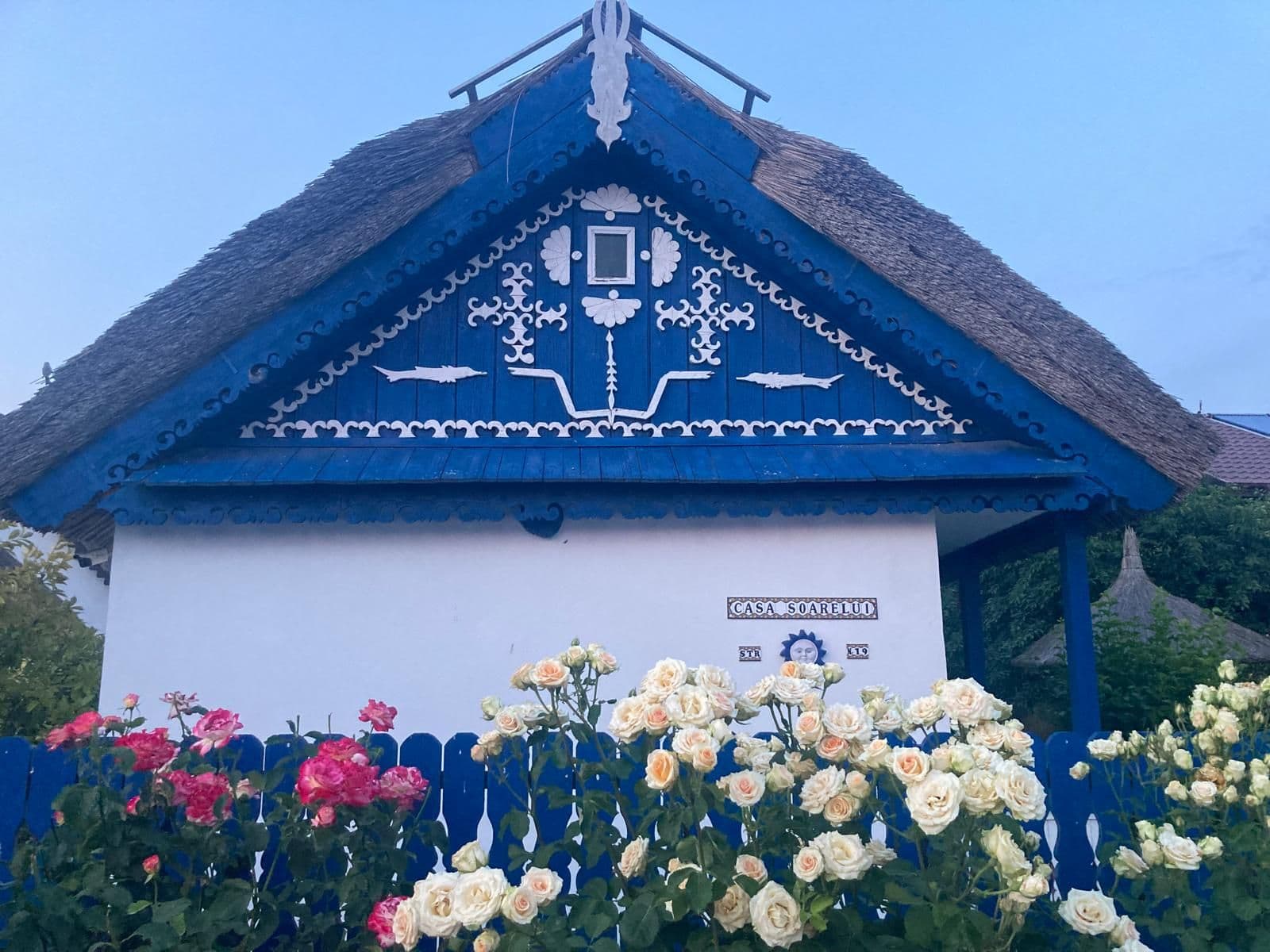 Fatada Casa Soarelui Murighiol cu acoperis stuf, fronton albastru decorat si trandafiri.